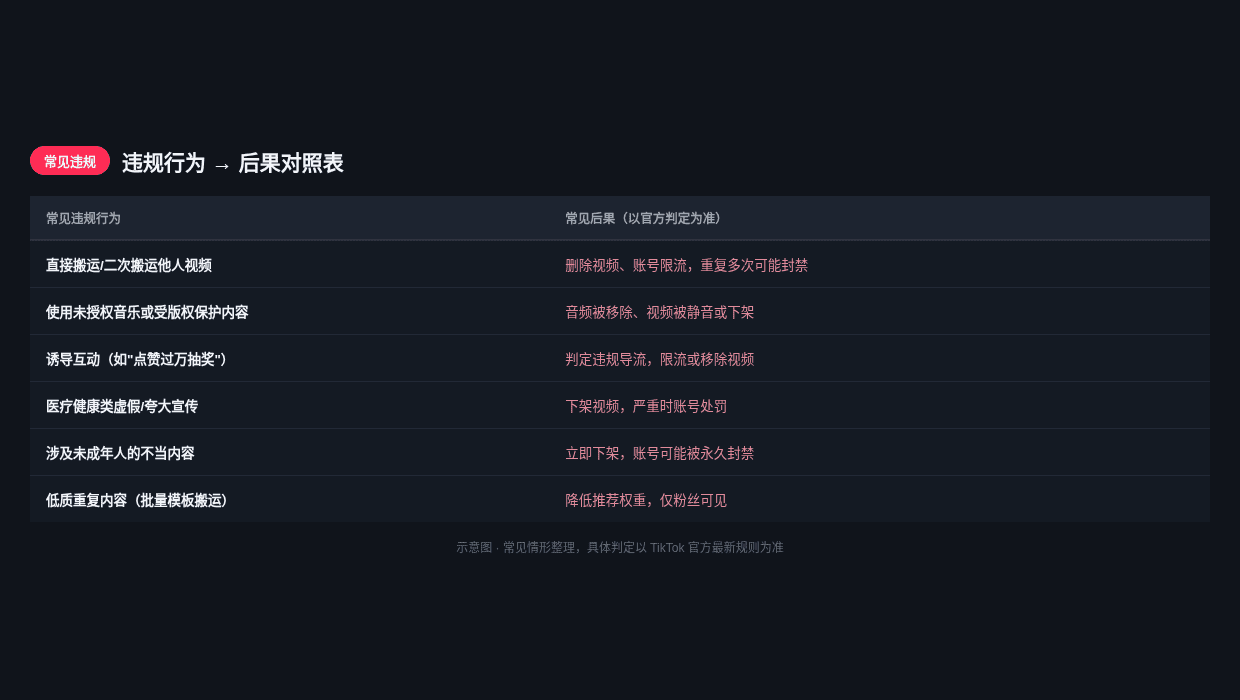 TikTok常见违规行为与后果对照表